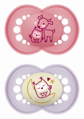 Mam Ορθοδοντικές Πιπίλες Σιλικόνης Κουκουβάγια  Ελάφι Σάπιο Μήλο-Λιλά Κορίτσι Νυκτός για 16+ μηνών 2τμχ