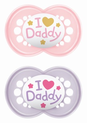 Μam Πιπίλα Ι Love Mummy & Daddy Σιλικόνης 16+ μηνών Koρίτσι  ρόζ & λιλά ,2τεμ.