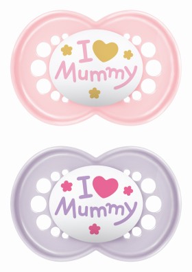 Mam Πιπίλα Ι Love Mummy & Daddy Σιλικόνης 16+ μηνών Κορίτσι ρόζ & λιλά ,2τεμ.