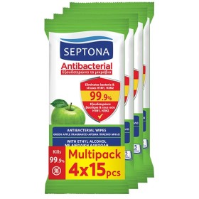 Septona Antibacterial Αντιβακτηριακά Μαντηλάκια με Πράσινο Μήλο, (4x15τεμ) 60τεμ