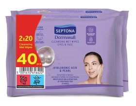 Septona Dermasoft Cleansing Wet Wipes Μαντηλάκια Nτεμακιγιάζ για Πρόσωπο & Μάτια, (2x20τεμ) 40τεμ