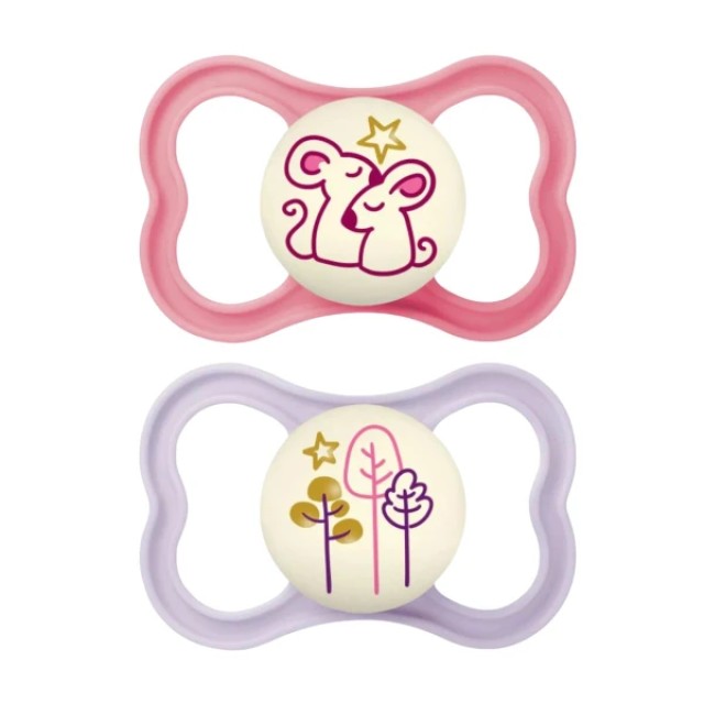 Mam Air Night Ορθοδοντικές Πιπίλες Σιλικόνης 6-16 μηνών Κορίτσι Ροζ/Λιλά 2 τμχ