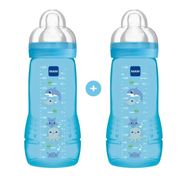 Mam Σετ Πλαστικά Μπιμπερό Easy Active με Θηλή Σιλικόνης για 4+ μηνών Μπλε 2τμχ 330ml