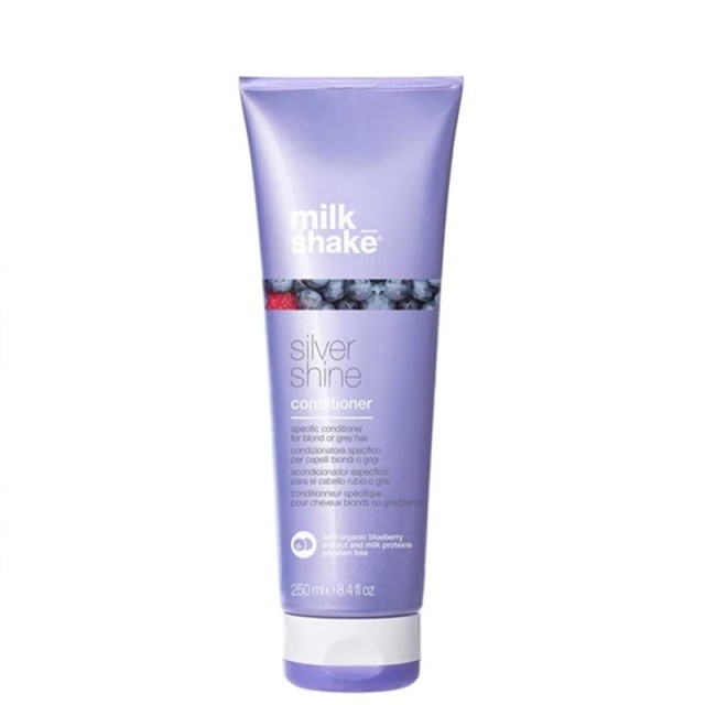 milk_shake Silver Shine Conditioner με βιολετί χρωστικές που εξουδετερώνουν τους κίτρινους τόνους σε ξανθά, λευκά και γκρι μαλλιά., 250ml