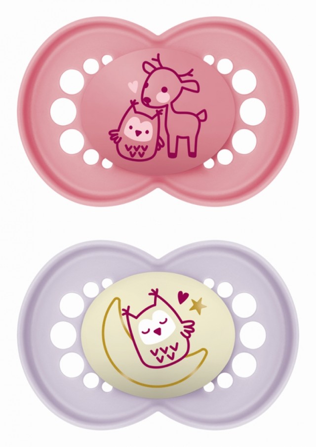Mam Ορθοδοντικές Πιπίλες Σιλικόνης Κουκουβάγια Ελάφι Σάπιο Μήλο-Λιλά Κορίτσι Νυκτός για 16+ μηνών 2τμχ
