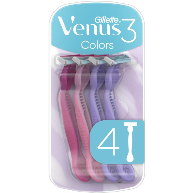 Gillette Venus 3 Colors 4 Τεμάχια Γυναικεία Ξυραφάκια μιας Χρήσης 3 Λεπίδων με Κινούμενη Κεφαλή για Βαθύ Ξύρισμα