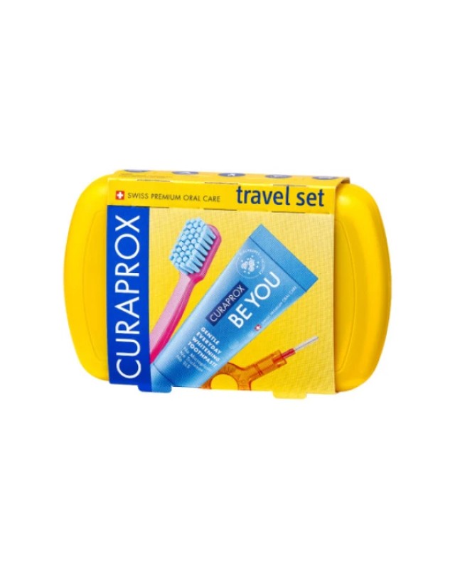 Curaprox Travel Set Στοματικής Υγιεινής Ταξιδίου με Οδοντόκρεμα 10ml + Οδοντόβουρτσα Πτυσσόμενη + Μεσοδόντιο Βουρτσάκι Καθαρισμού + Κουτί Μεταφοράς Κίτρινο 1τμχ