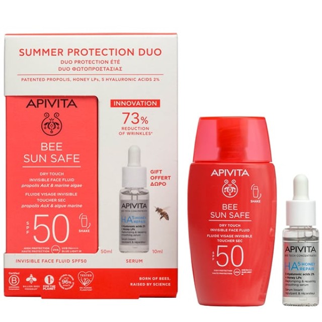 Apivita Promo Summer Protection Duo Bee Sun Safe Dry Touch Λεπτόρευστη Κρέμα Προσώπου κατά των Πανάδων & Ρυτίδων SPF50, 50ml +Δώρο HA5 Honey Repair Serum Ορός Επανόρθωσης 10ml 1σετ