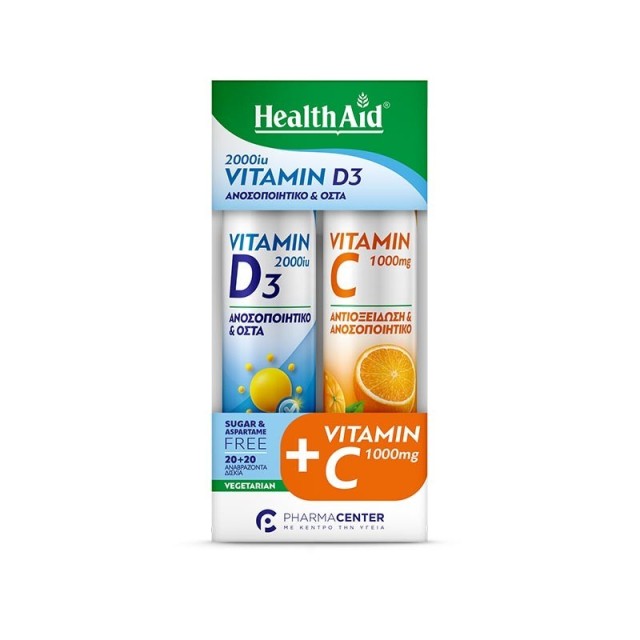 Health Aid Vitamin D3 2000iu 20 αναβράζοντα + Vitamin-C 1000mg Πoρτoκάλι 20 αναβράζοντα