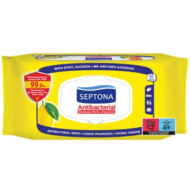 Septona Antibacterial Μαντηλάκια Χεριών με Άρωμα Λεμόνι, 60τεμ