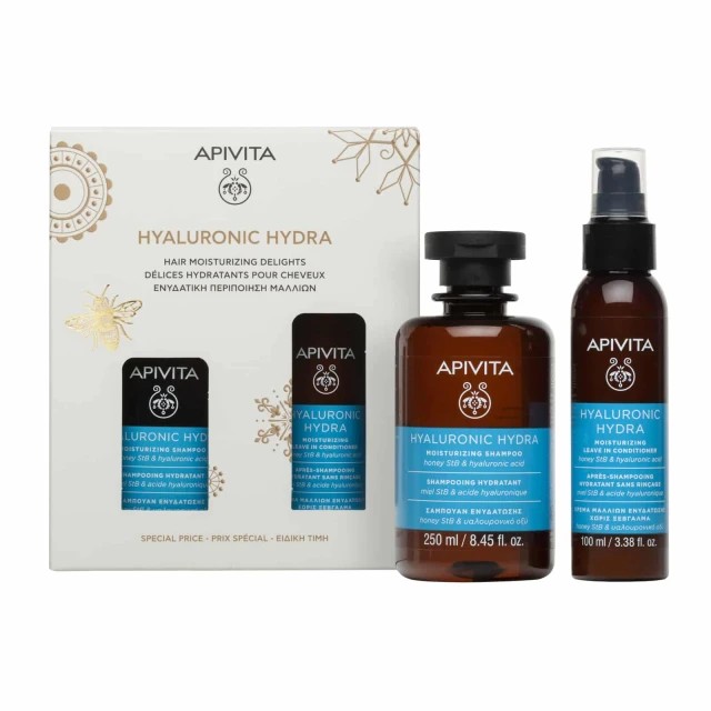 Apivita Hyaluronic Hydra Moisturizing Shampoo Σαμπουάν Ενυδάτωσης με Μέλι & Υαλουρονικό Οξύ 250ml & Hyaluronic Hydra Moisturizing Leave In Conditioner Κρέμα Μαλλιών για Ενυδάτωση χωρίς Ξέβγαλμα με Μέλι & Υαλουρονικό Οξύ 100ml