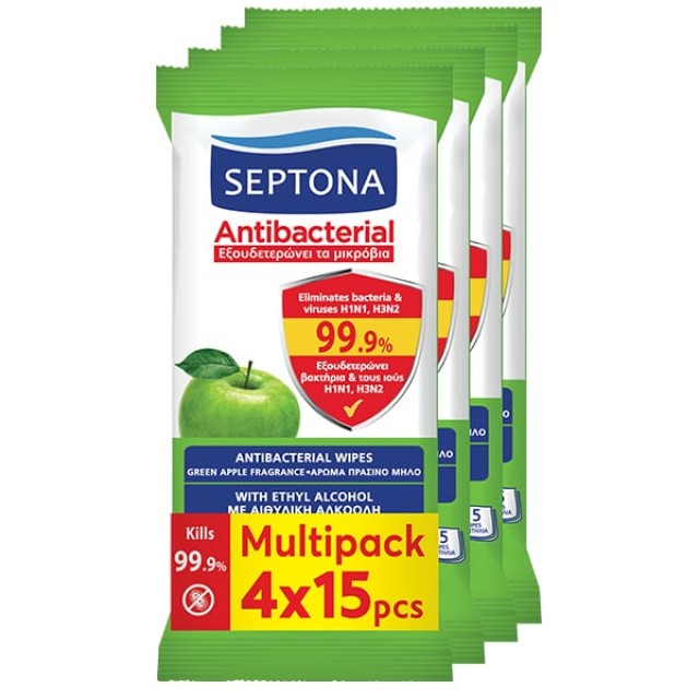 Septona Antibacterial Αντιβακτηριακά Μαντηλάκια με Πράσινο Μήλο, (4x15τεμ) 60τεμ