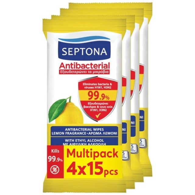 Septona Antibacterial Αντιβακτηριακά Μαντηλάκια με Λεμόνι, (4x15τεμ) 60τεμ