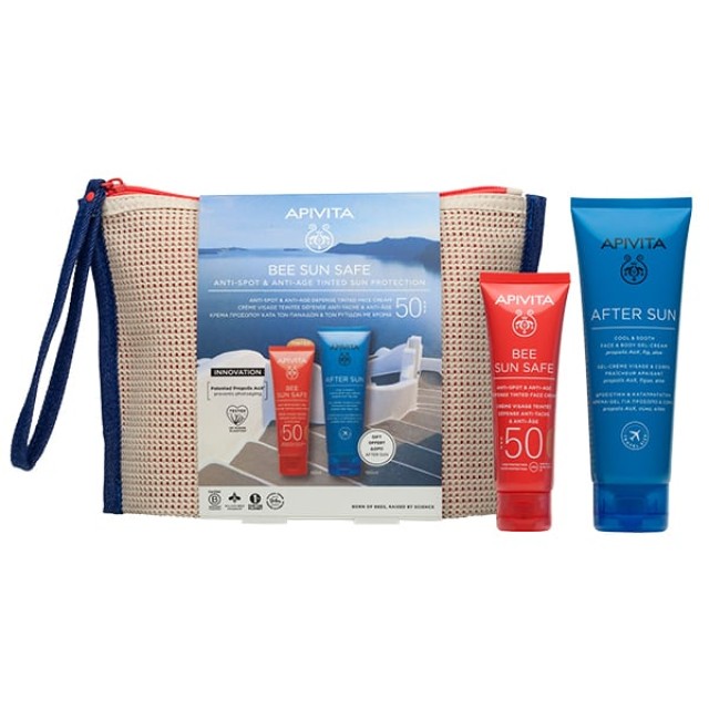 Apivita Promo Bee Sun Safe Anti-Spot & Anti-Age Sun Protection Κρέμα Προσώπου Κατά των Πανάδων & των Ρυτίδων SPF50 με Χρώμα, 50ml +Δώρο After Sun Κρέμα-Gel για Πρόσωπο & Σώμα, 100ml, & Δώρο Νεσεσέρ, 1σετ