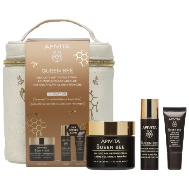 Apivita Set Queen Bee Absolute Anti-Aging & Regeneration Cream Αντιγηραντική Κρέμα Ελαφριάς Υφής 50ml + Δώρο Queen Bee Absolute Anti-Aging Serum Αντιγηραντικός Ορός Προσώπου 10ml + Queen Bee Κρέμα Ματιών 5ml + Nεσεσέρ 1τμχ