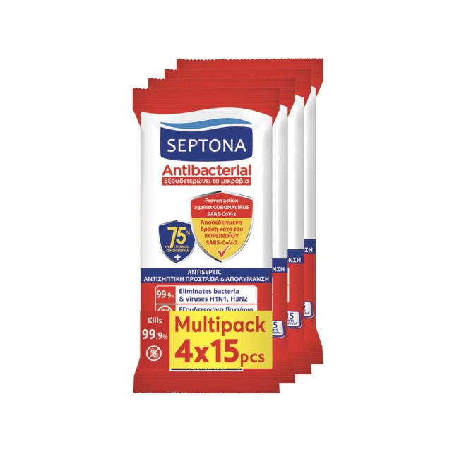 Septona Antibacterial Μαντηλάκια Χεριών 75% Οινόπνευμα, (4x15τεμ) 60τεμ