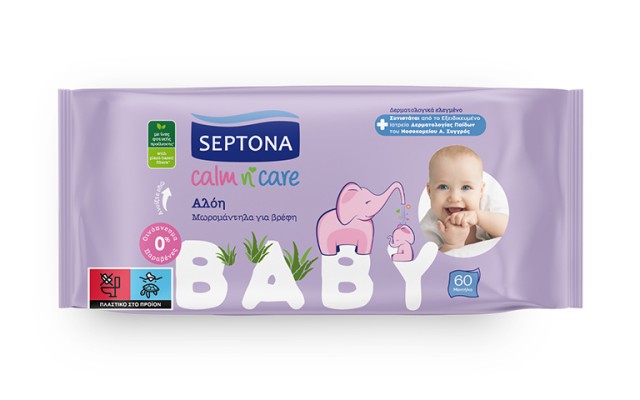 Septona Baby Calm and Care Μωρομάντηλα για βρέφη με Αλόη, 60τμχ