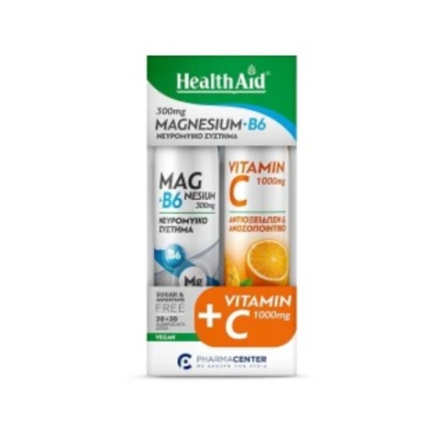 Health Aid Promo Magnesium+B6, 20 Αναβράζοντα Δισκία + Vitamin C 1000mg 20 Αναβράζοντα Δισκία, 2τεμ.