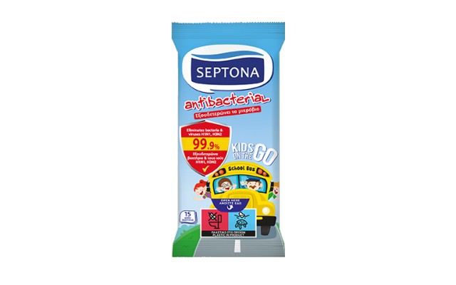 Septona Antibacterial Kids On The Go Αντιβακτηριακά Παιδικά Υγρά Μαντηλάκια Χεριών, 15τεμ