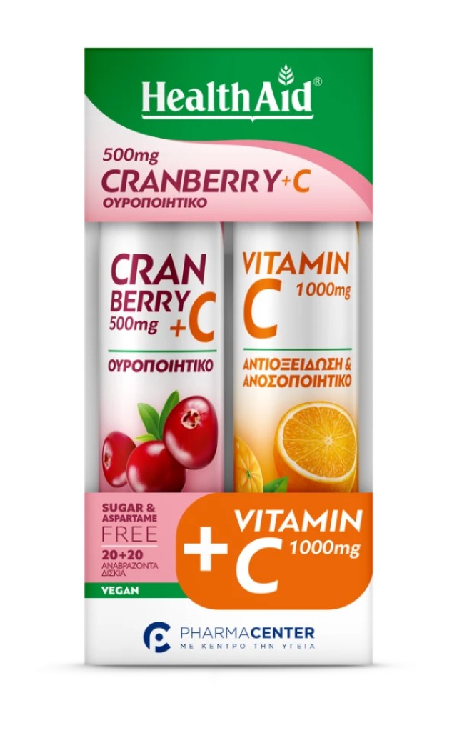 Health Aid Promo Cranberry 500mg + C 20 Αναβράζοντα Δισκία & Vitamin C 1000mg 20 Αναβράζοντα Δισκία.