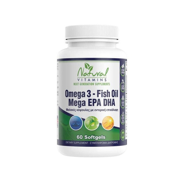 Natural Vitamins Omega 3 Enteric Coated Fish Oil 1000mg - 700mg EPA/DHA ,60 Κάψουλες